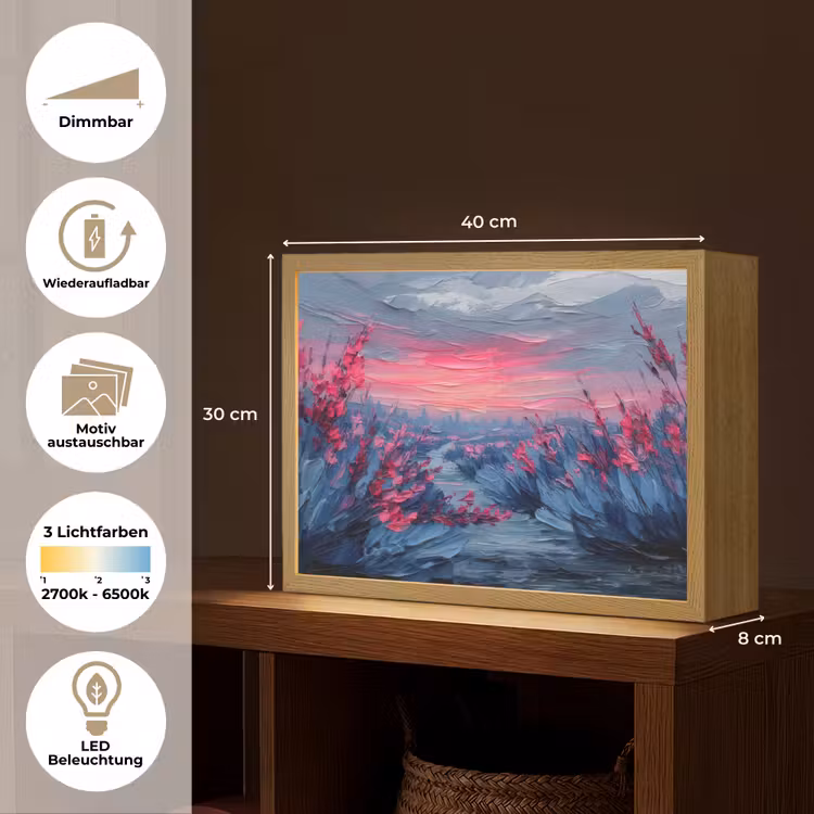 Schilderij - Zonsondergang - Bloemen - Rivier Light Box met batterij (Wandlamp) middel -USP_websiteoverzichtDE