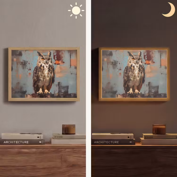 Geschilderd - Abstract - Uil - Bruin Light Box met batterij (Wandlamp) middel -sfeer3