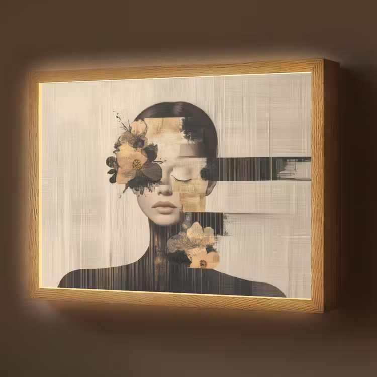 Gezicht - Bloemen - Zwart - Vrouw Light Box met batterij (Wandlamp) middel -z3d_website