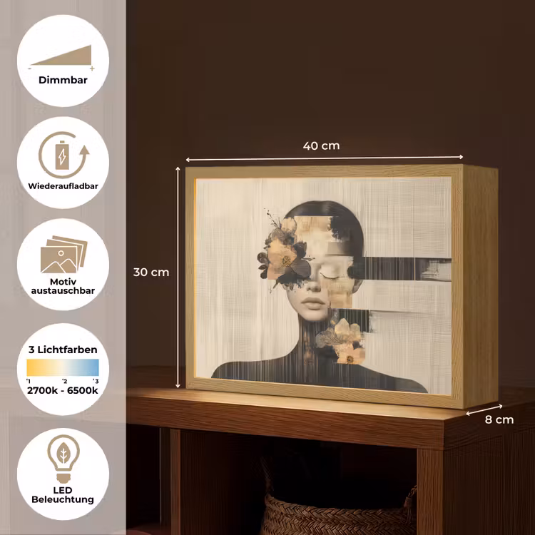 Gezicht - Bloemen - Zwart - Vrouw Light Box met batterij (Wandlamp) middel -USP_websiteoverzichtDE