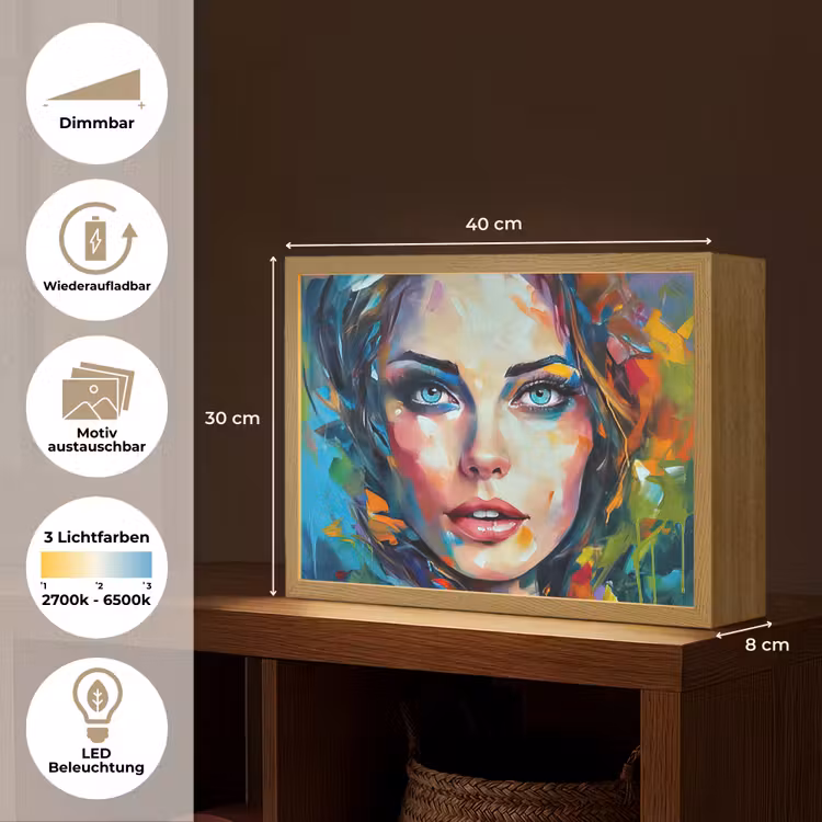 Gezicht - Vrouw - Olieverf - Kleurrijk - Kunst Light Box met batterij (Wandlamp) middel -USP_websiteoverzichtDE