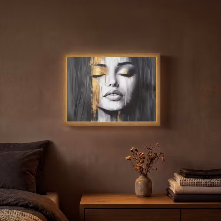 Gezicht - Vrouw - Penseelstreken - Abstract Light Box met batterij (Wandlamp) middel -sfeer4