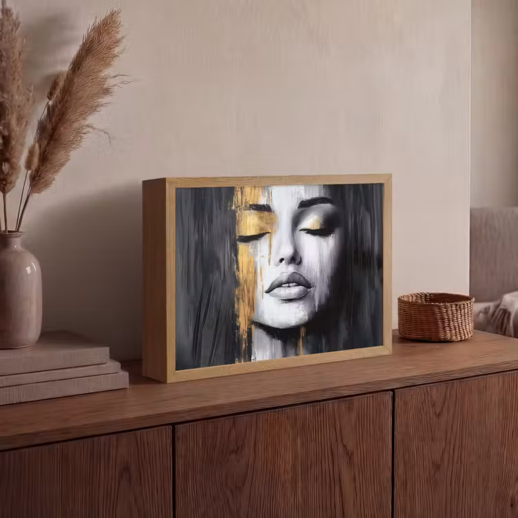 Gezicht - Vrouw - Penseelstreken - Abstract Light Box met batterij (Wandlamp) middel -sfeer2