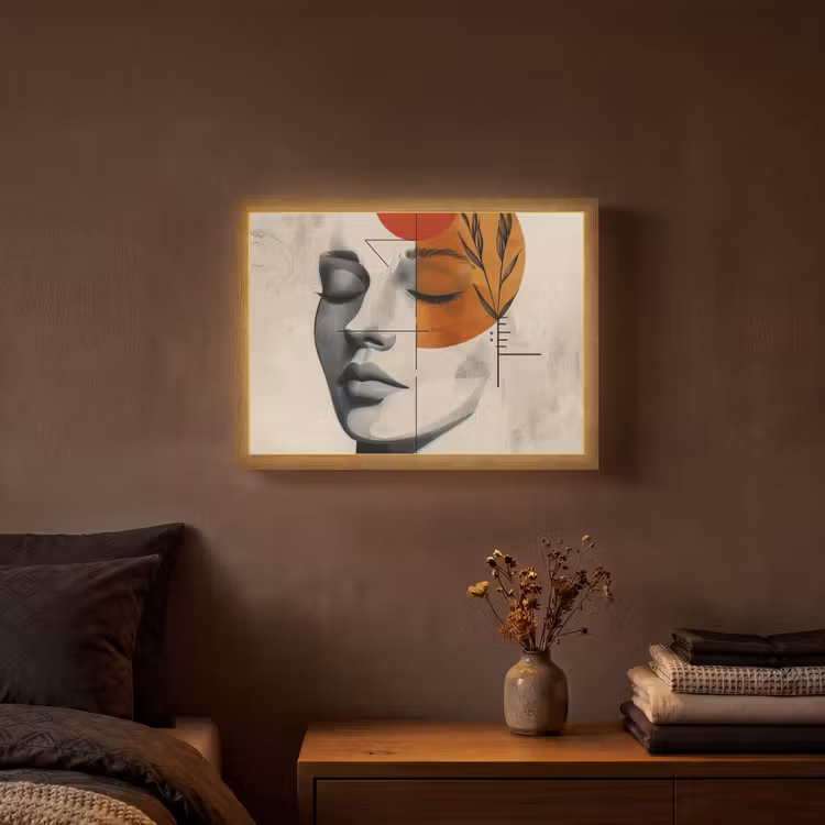 Gezicht - Cirkels - Kunst - Modern Light Box met batterij (Wandlamp) middel -sfeer4