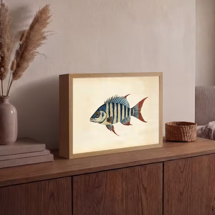 Gestreept - Donkerblauw - Rugvin - Vis Light Box met batterij (Wandlamp) middel -sfeer2