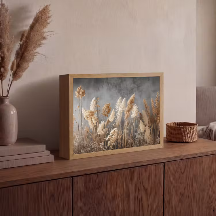 Gedroogde Veldbloemen - Grijs - Beton Light Box met batterij (Wandlamp) middel -sfeer2