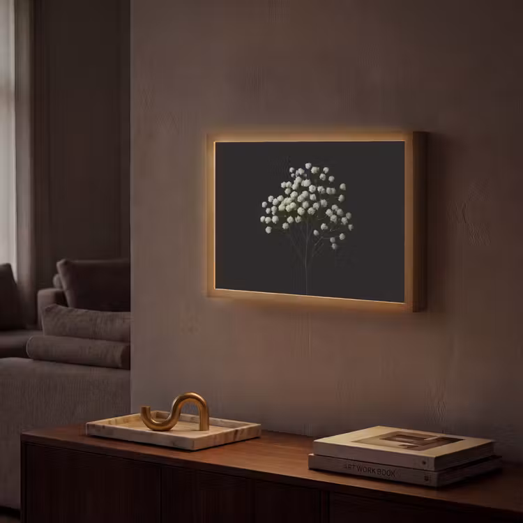 Gipskruid - Bloemetjes - Wit - Minimalistisch Light Box met batterij (Wandlamp) middel -sfeer1