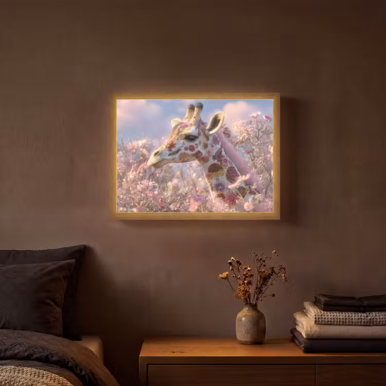 Giraffe - Bloemen - Roze Light Box met batterij (Wandlamp) middel -sfeer4