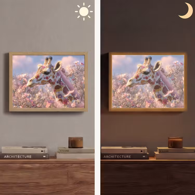 Giraffe - Bloemen - Roze Light Box met batterij (Wandlamp) middel -sfeer3