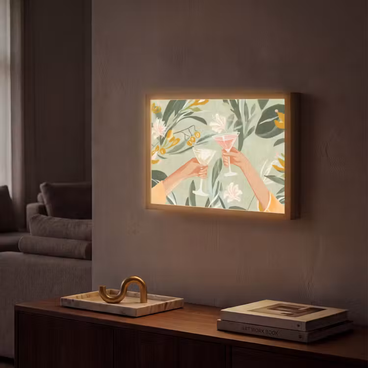 Glazen - Proosten - Bladeren - Groen Light Box met batterij (Wandlamp) middel -sfeer1
