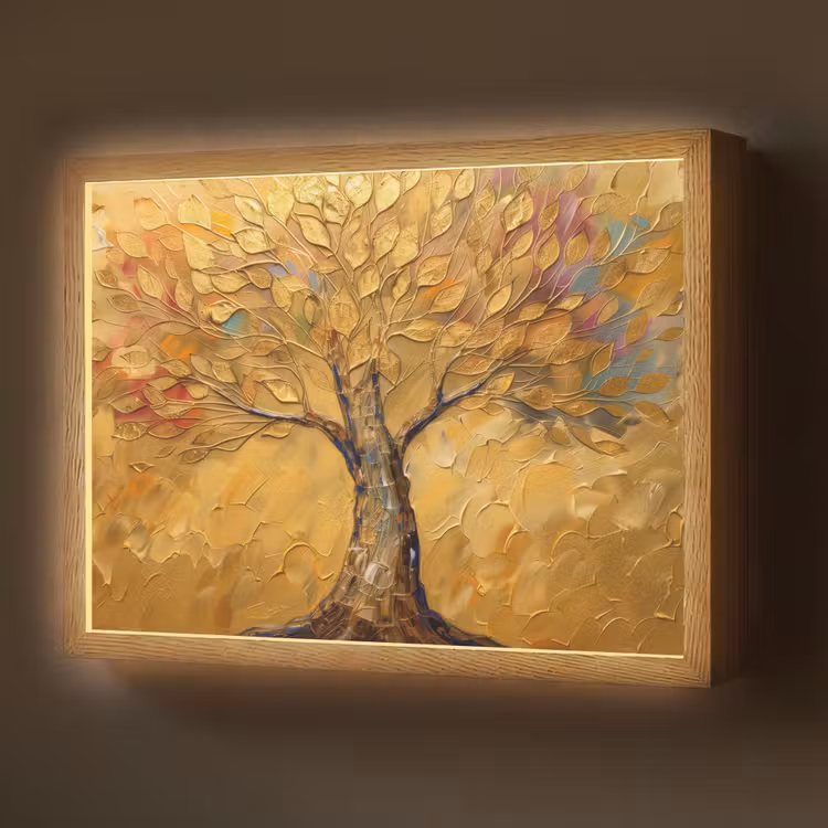 Goud - Boom - Abstract - Modern Light Box met batterij (Wandlamp) middel -z3d_website
