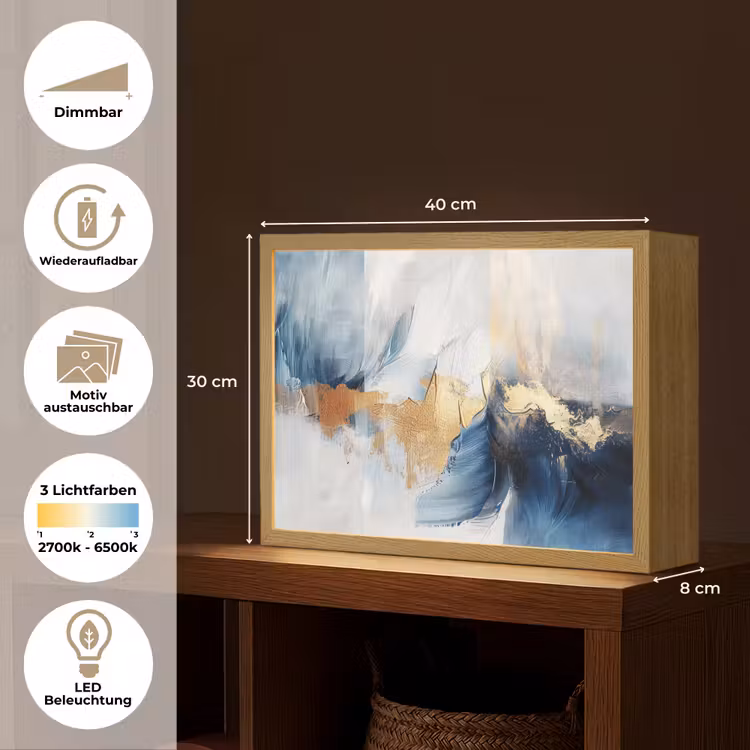 Goud - Blauw - Verf - Kunst - Modern Light Box met batterij (Wandlamp) middel -USP_websiteoverzichtDE