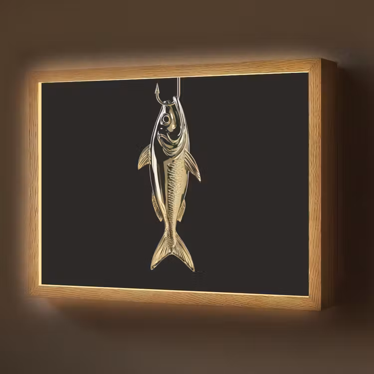 Goud - Vis - Haak - Zwart Light Box met batterij (Wandlamp) middel -z3d_website