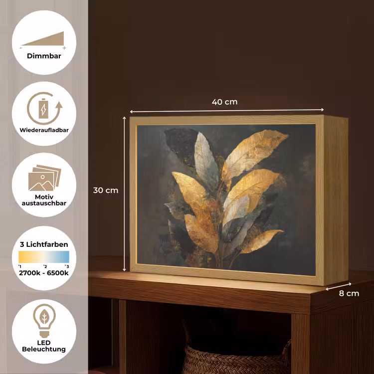 Gouden Bladcompositie – Botanische Luxe Light Box met batterij (Wandlamp) middel -USP_websiteoverzichtDE