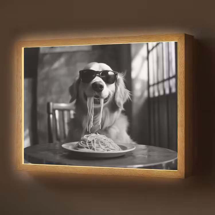 Golden Retriever - Hond - Vrolijk -  Bord spaghetti - Zwart - wit Light Box met batterij (Wandlamp) middel -z3d_website