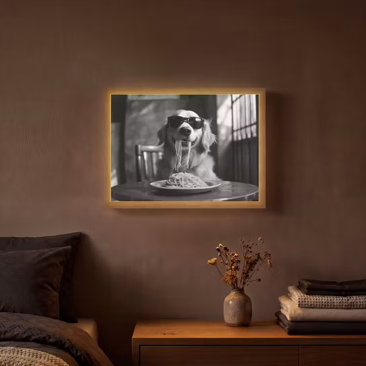 Golden Retriever - Hond - Vrolijk -  Bord spaghetti - Zwart - wit Light Box met batterij (Wandlamp) middel -sfeer4