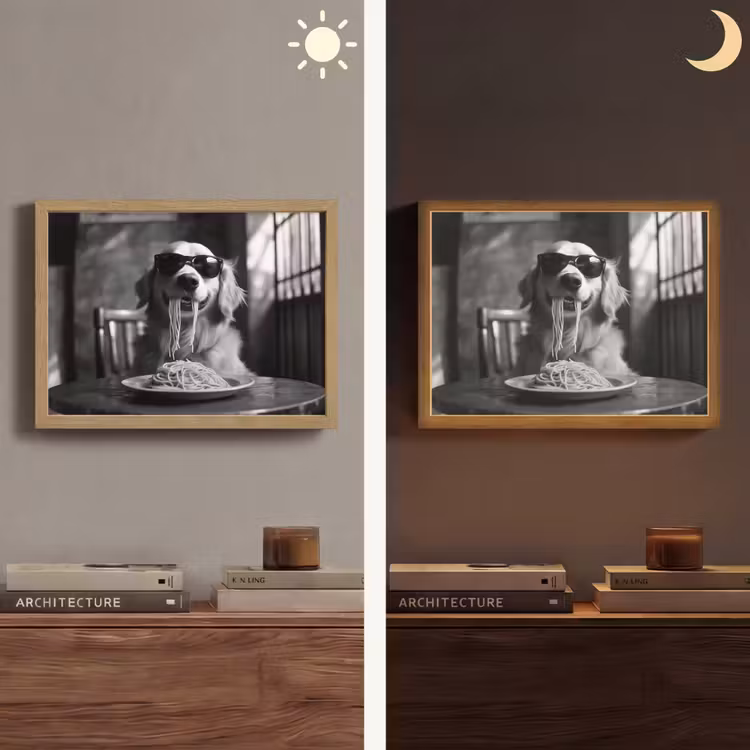Golden Retriever - Hond - Vrolijk -  Bord spaghetti - Zwart - wit Light Box met batterij (Wandlamp) middel -sfeer3