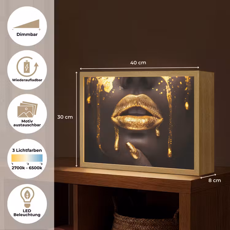 Gouden lippen - Gezicht - Vrouw - Modern Light Box met batterij (Wandlamp) middel -USP_websiteoverzichtDE
