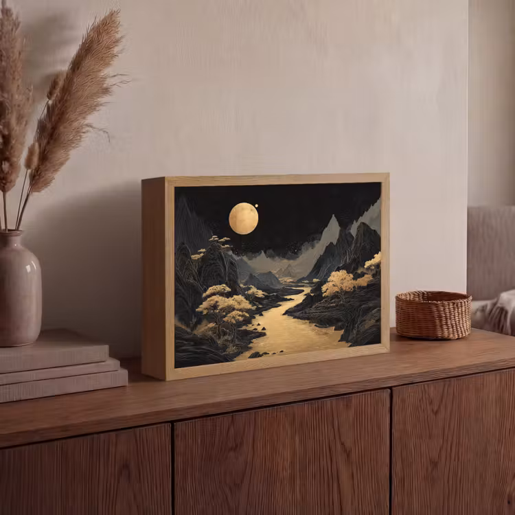 Gouden rivier - Bergen - Maan - Sterrenhemel Light Box met batterij (Wandlamp) middel -sfeer2