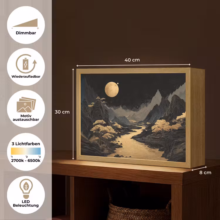 Gouden rivier - Bergen - Maan - Sterrenhemel Light Box met batterij (Wandlamp) middel -USP_websiteoverzichtDE