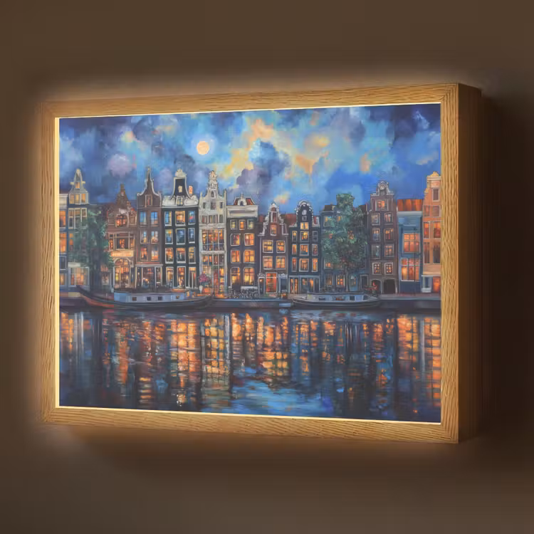 Grachten Amsterdam - Huizen - Stad - Kleurrijk Light Box met batterij (Wandlamp) middel -z3d_website