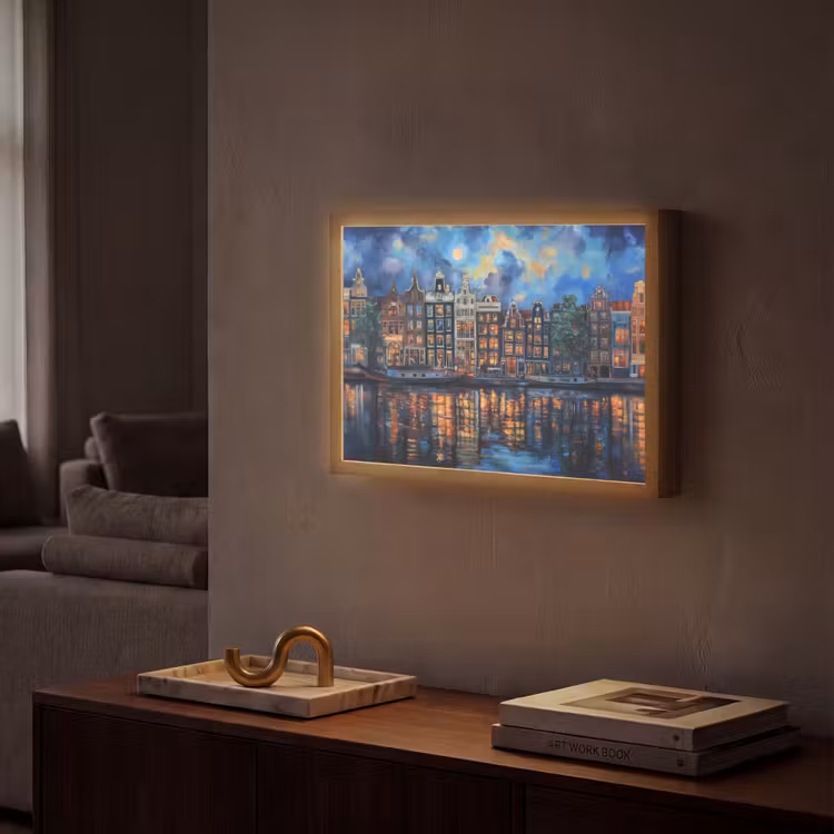 Grachten Amsterdam - Huizen - Stad - Kleurrijk Light Box met batterij (Wandlamp) middel -sfeer1