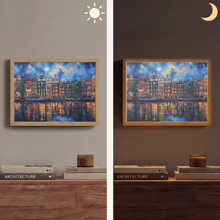 Grachten Amsterdam - Huizen - Stad - Kleurrijk Light Box met batterij (Wandlamp) middel -sfeer3