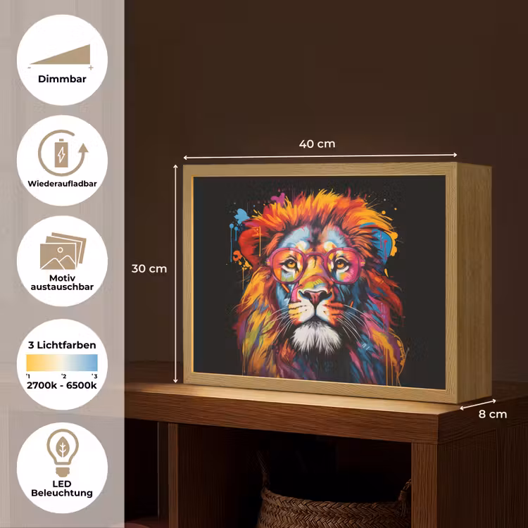 Graffiti - Leeuw - Bril - Zwart - Kleurrijk Light Box met batterij (Wandlamp) middel -USP_websiteoverzichtDE