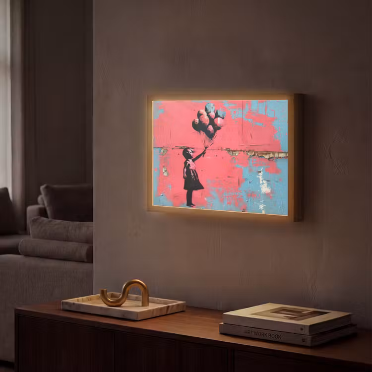 Graffiti - Meisje - Ballon - Roze - Blauw - Street art Light Box met batterij (Wandlamp) middel -sfeer1