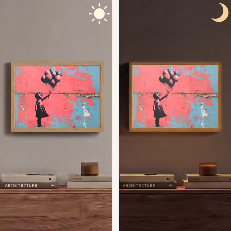 Graffiti - Meisje - Ballon - Roze - Blauw - Street art Light Box met batterij (Wandlamp) middel -sfeer3