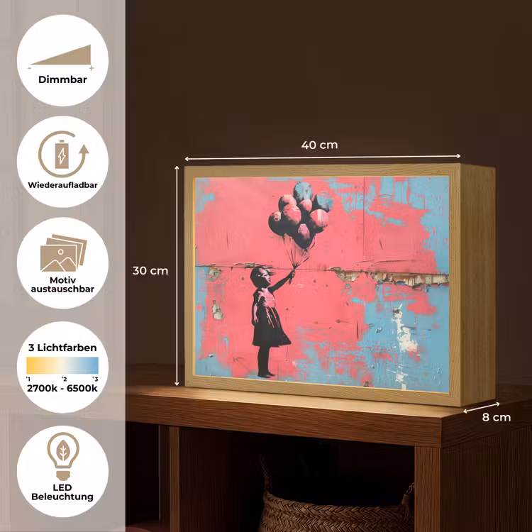 Graffiti - Meisje - Ballon - Roze - Blauw - Street art Light Box met batterij (Wandlamp) middel -USP_websiteoverzichtDE