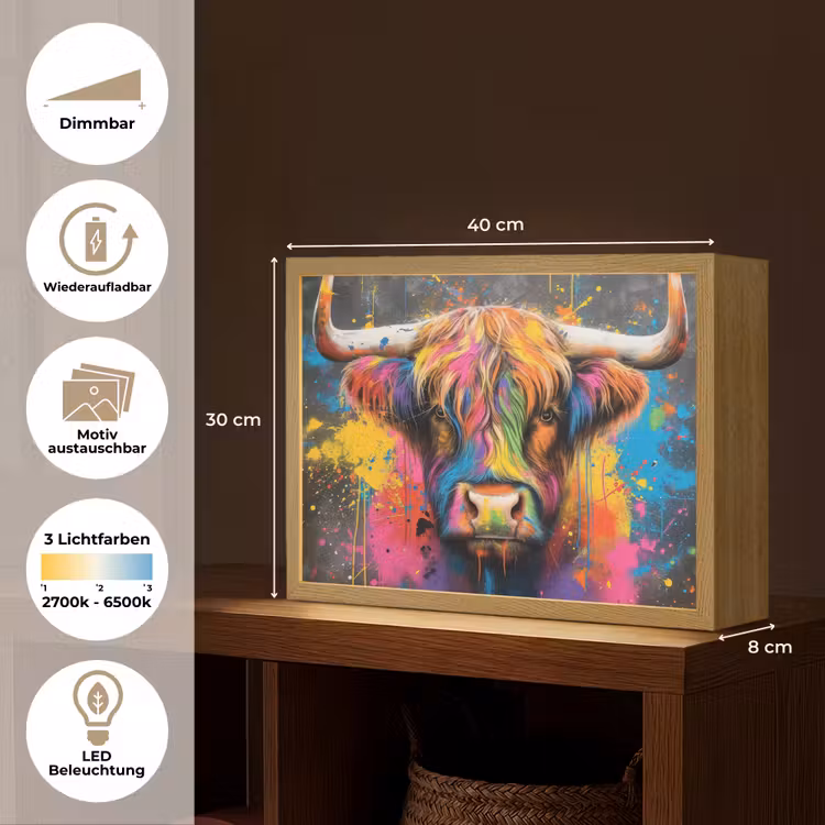 Graffiti - Schotse hooglander - Koe - Kleurrijk Light Box met batterij (Wandlamp) middel -USP_websiteoverzichtDE