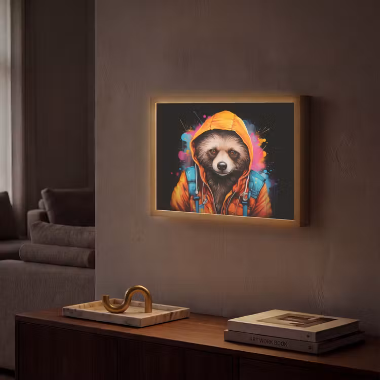 Graffiti - Wasbeer - Jas - Zwart Light Box met batterij (Wandlamp) middel -sfeer1