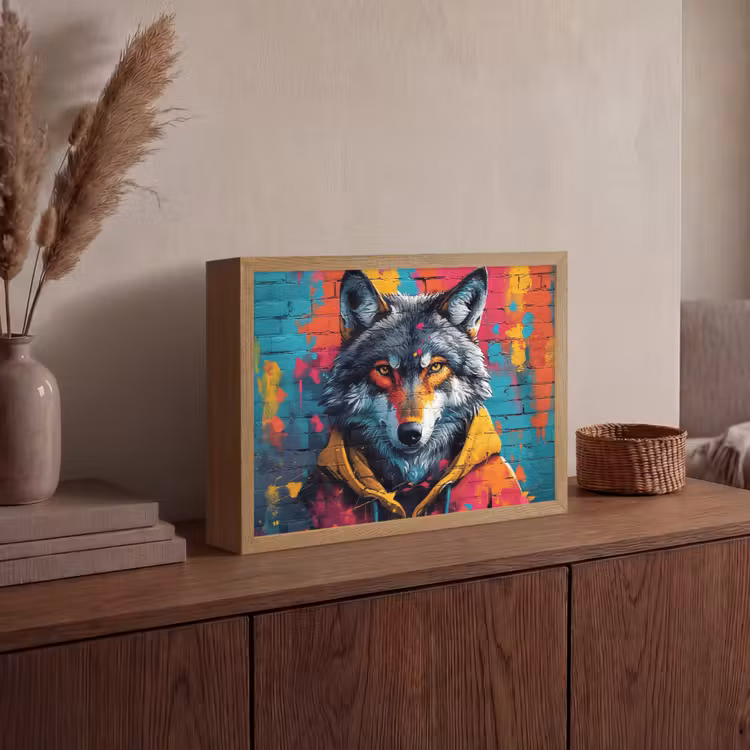 Graffiti - Wolf - Street art - Blauw Light Box met batterij (Wandlamp) middel -sfeer2