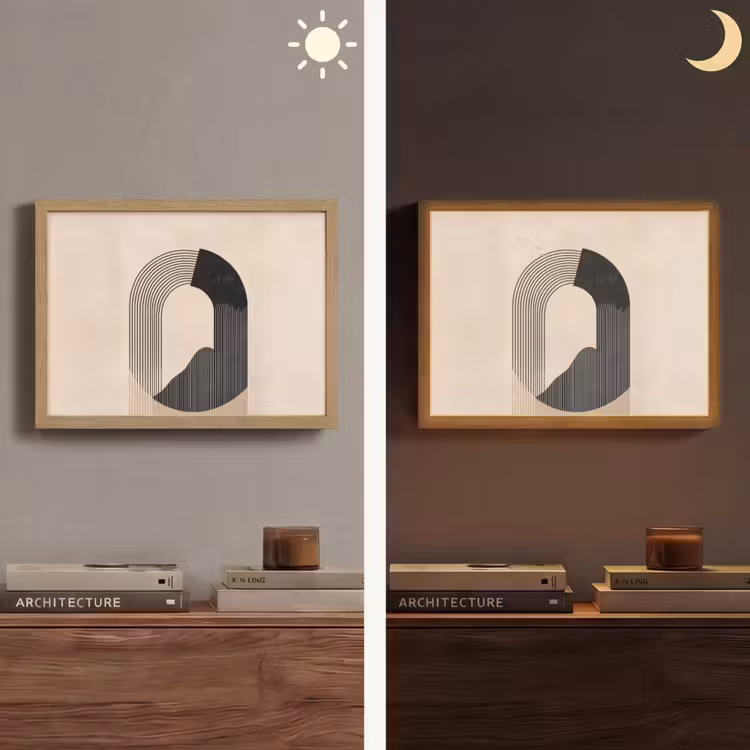 Grafisch gebogen motief - Beige Light Box met batterij (Wandlamp) middel -sfeer3