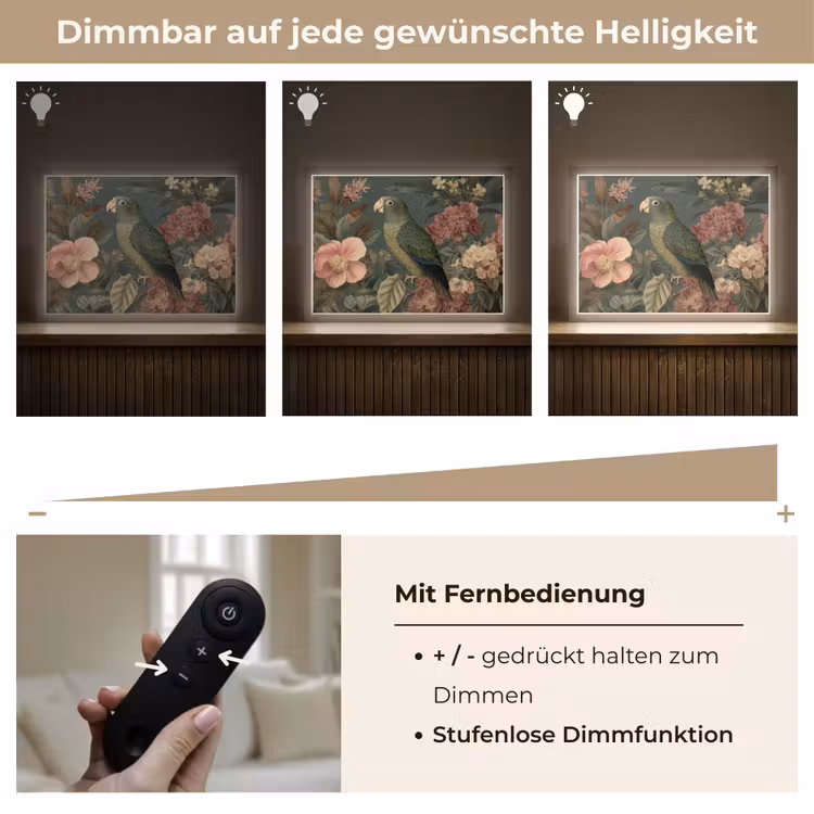 Groene papegaai - Kleurrijke bloemen - Donkere achtergrond Light Box met batterij (Wandlamp) middel -USP_dimbaarDE