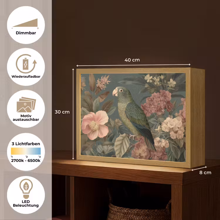 Groene papegaai - Kleurrijke bloemen - Donkere achtergrond Light Box met batterij (Wandlamp) middel -USP_websiteoverzichtDE