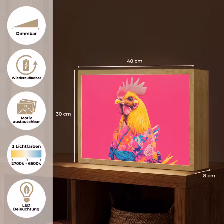 Haan - Kleurrijk - Kimono - Roze Light Box met batterij (Wandlamp) middel -USP_websiteoverzichtDE