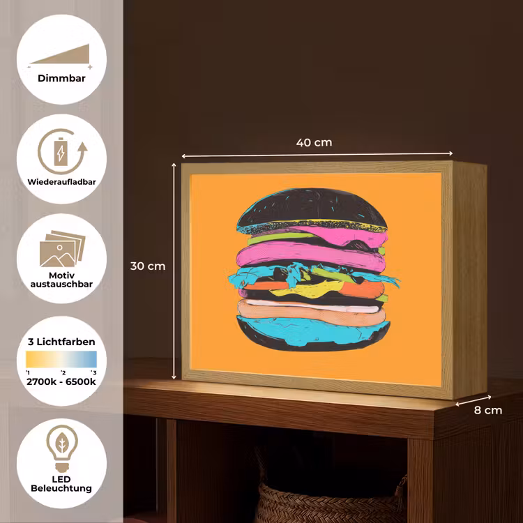 Hamburger - Kleurrijk - Speels Light Box met batterij (Wandlamp) middel -USP_websiteoverzichtDE