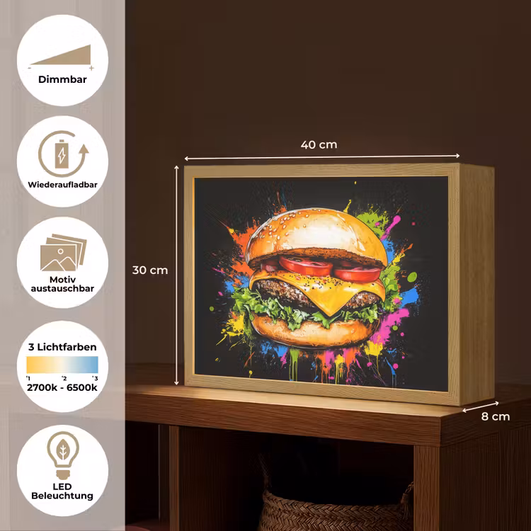 Hamburger - Graffiti - Verf - Kleurrijk - Eten - Abstract Light Box met batterij (Wandlamp) middel -USP_websiteoverzichtDE
