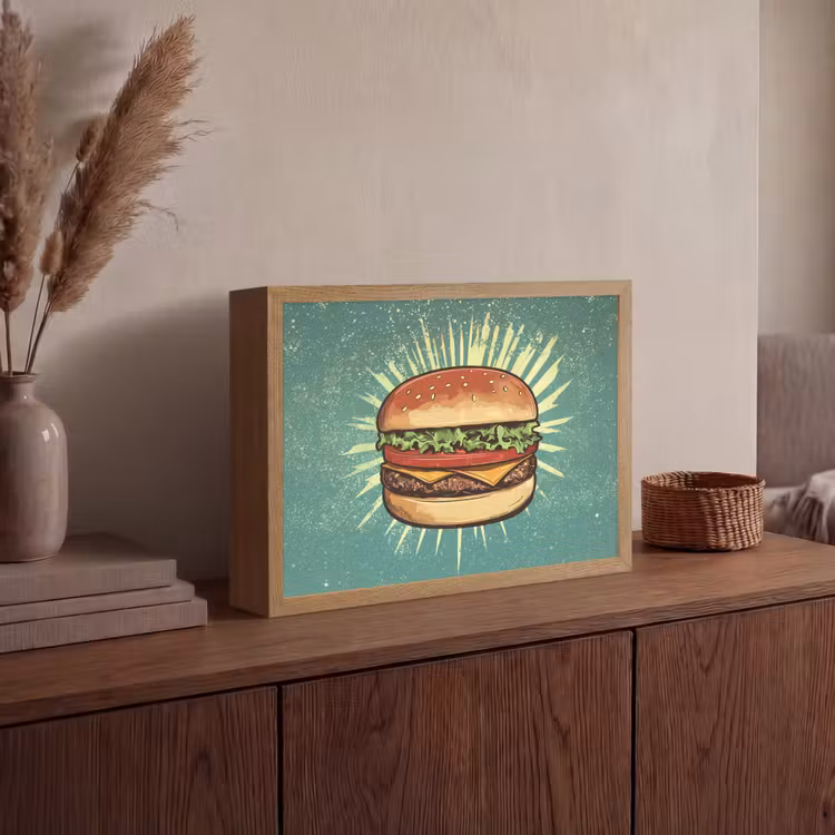 Hamburger - Illustratie - Sla - Kaas Light Box met batterij (Wandlamp) middel -sfeer2