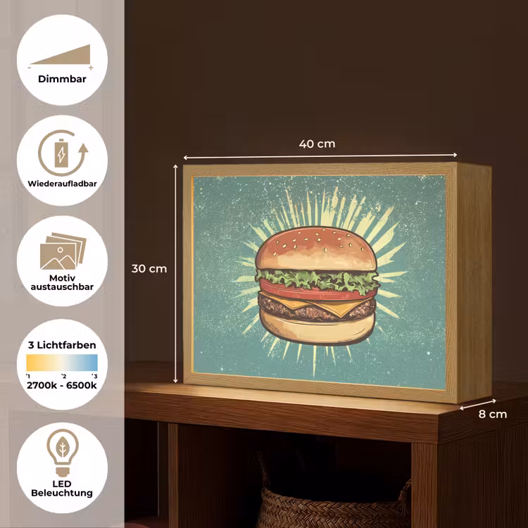 Hamburger - Illustratie - Sla - Kaas Light Box met batterij (Wandlamp) middel -USP_websiteoverzichtDE