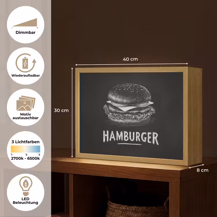 Hamburger - Krijttekst - Zwart - Wit Light Box met batterij (Wandlamp) middel -USP_websiteoverzichtDE