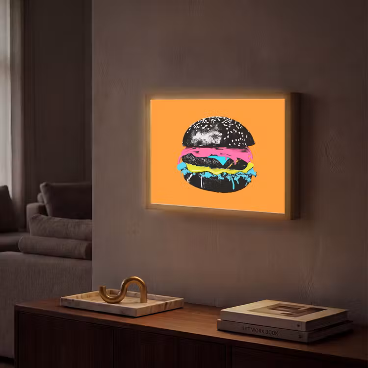 Hamburger - Oranje - Neon - popart Light Box met batterij (Wandlamp) middel -sfeer1