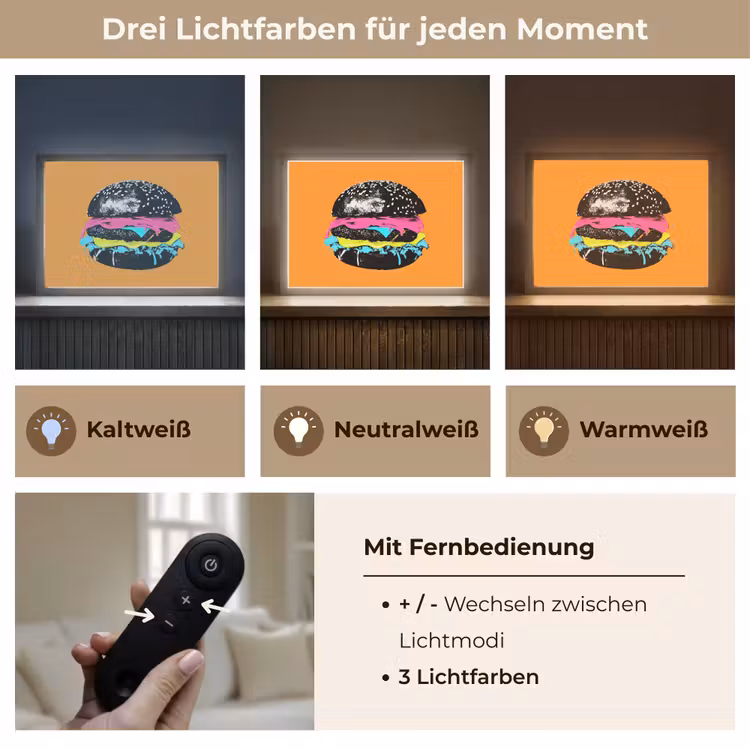 Hamburger - Oranje - Neon - popart Light Box met batterij (Wandlamp) middel -USP_lichtkleurDE