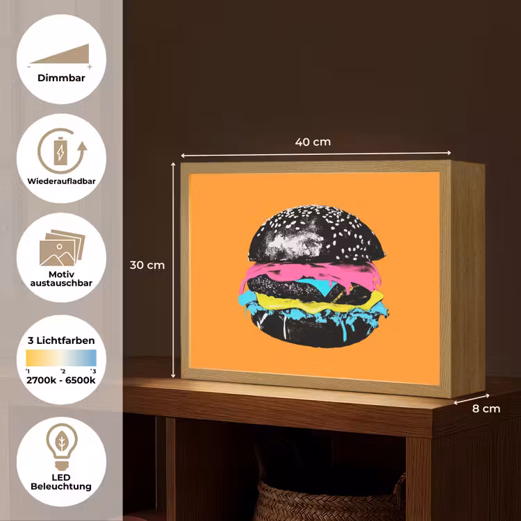 Hamburger - Oranje - Neon - popart Light Box met batterij (Wandlamp) middel -USP_websiteoverzichtDE