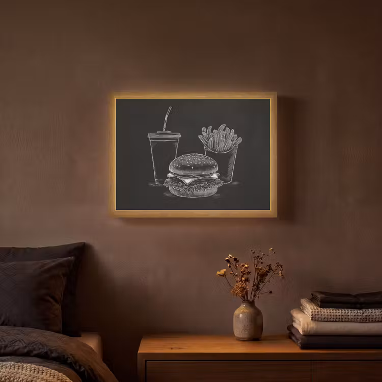 Hamburger - Friet - Frisdrank - Krijttekening Light Box met batterij (Wandlamp) middel -sfeer4