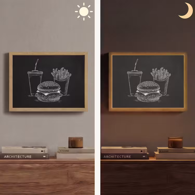Hamburger - Friet - Frisdrank - Krijttekening Light Box met batterij (Wandlamp) middel -sfeer3