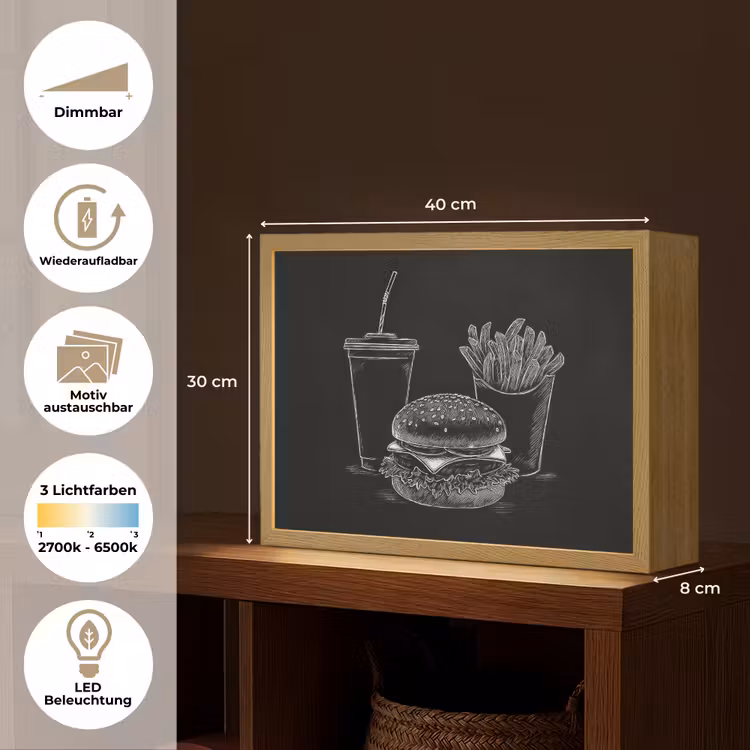 Hamburger - Friet - Frisdrank - Krijttekening Light Box met batterij (Wandlamp) middel -USP_websiteoverzichtDE