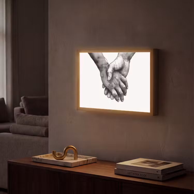 Handen - Zwart wit - Modern - Kunst Light Box met batterij (Wandlamp) middel -sfeer1